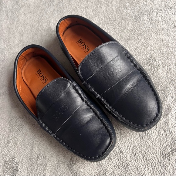 Hugo Boss Big Kids Designer Navy Blue Leather Slip-On Loafer Dress Shoes - Picture 1 of 16
